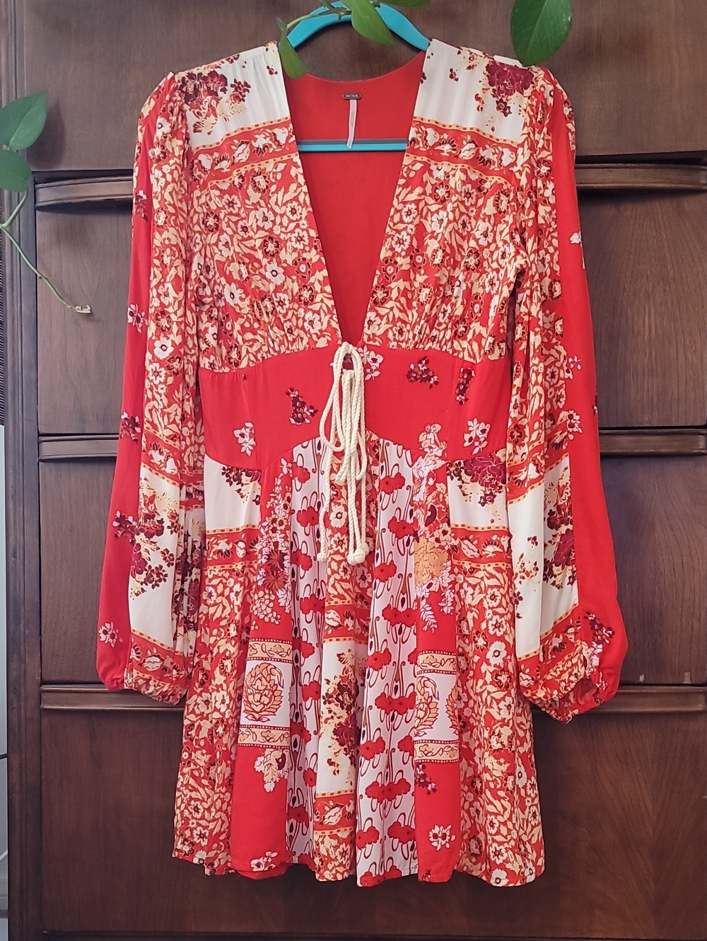Free People Boho Coquette Low V Neckline Red Floral Tie-Front Mini Dress